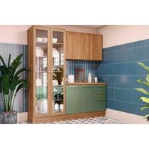 Kit Cozinha Modulada 4 Peças Botanic (1Aéreo+1Balcão+1Cristaleira+1Complemento) M656 Nogueira/Verde Oliva - Kappesberg