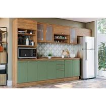 Kit Cozinha Modulada 8 Peças Botanic (3Aéreos+2Balcões+1Paneleiro+2Complementos) M663 Nogueira/Verde Oliva - Kappesberg