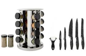 Kit Cozinha Perfeito! Porta Condimentos 16 Potes tampinha Preta E Conjunto de 6 Peças Faca Mármore