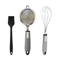 Kit Cozinha - Pincel de Silicone Peneira em Inox e Batedor Cinza