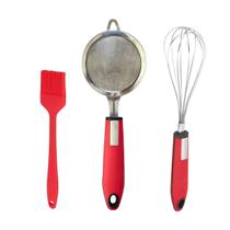 Kit Cozinha - Pincel de Silicone Peneira em Inox e Batedor Vermelho