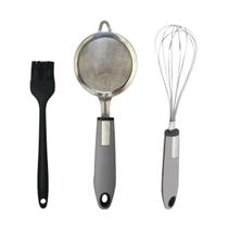 Kit Cozinha Pincel Silicone Peneira Em Inox E Batedor Cinza