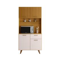 Kit Cozinha Poliman Izis Freijó UV Ripado Off White Acetinado com Balcão e Paneleiro Compacto