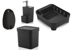 Kit cozinha Preto 4 peças OU escorredor pratos dispenser detergente esponja lixeira suporte sacola