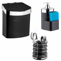 Kit Cozinha Preto/Cromado Lixeira, Porta detergente, talher Kit Cozinha Preto/Cromado Lixeira, Porta detergente, talher
