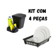 Kit Cozinha PRETO Porta Detergente, Porta Esponja Rodo de Pia Lixeira e Escorredor de Louça Area Gourmet