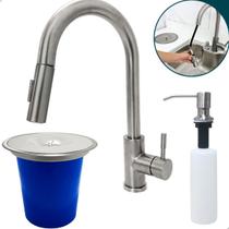 Kit Cozinha Torneira Pia Cozinha Escovada Lixeira 5 Litros E Dispenser Dosador Detergente 500ml De Embutir Completo Aço Inox 304 Fosco Gourmet