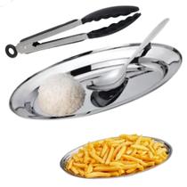 kit cozinha travessa para Arroz e Porções colher e pegador Trio Essencial Inox kit cozinha travessa para Arroz e Porções colher e pegador Trio Essencial Inox