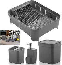 Kit Cozinha Trium Escorredor Louça + Porta Talheres + Dispenser Detergente + Lixeira Chumbo KTE 011 OU Martiplast