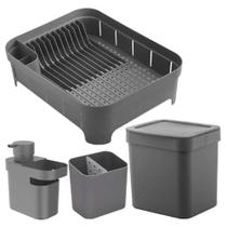 Kit Cozinha Trium Escorredor Louça + Porta Talheres + Dispenser Detergente + Lixeira Ou - Chumbo