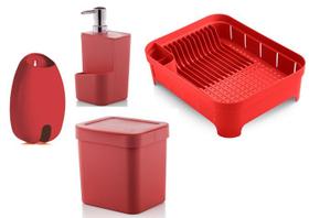 Kit cozinha Vermelho 4 peças OU lixeira, porta detergente, escorredor louça, puxa saco porta sacola