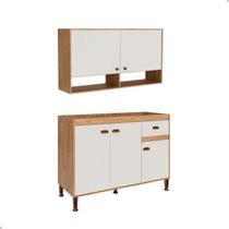 Kit Cozinha2 Peças Armário Balcão de Pia 3 Portas 1 Gaveta 120cm e Armário Aéréo Suspenso 2 Portas 2 Nichos 125cm Multiuso