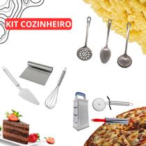 Kit cozinheiro - utensilios para bolo pizza e talheres para servidr inox linha premium