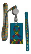 Kit Cracha Autista + Cordão Autismo + Pulseira + Roller Clip