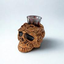 Kit Crânio Porta Copo Resina 12x8cm Cobreado + Copo Exu