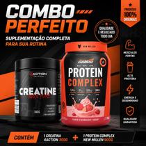 Kit Creatina Monohidratada 300g 4Action + Protein Complex 900g New Millen Sabor Iogurte de Morango