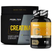 Kit Creatina Pura 100g Probiotica + Vitamina C 120 Caps Growth