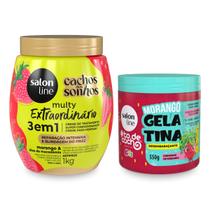 Kit Creme 3/1 Cachos dos Sonhos Reparação Intensiva + Gelatina Desembaraçante Definição Antifrizz Cachos Morango Salon Line