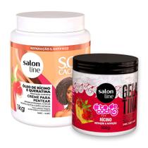 Kit Creme De Pentear Salon Line Rícino E Queratina 1kg e Gelatina Salon Line Cachos Óleo De Rícino 550g