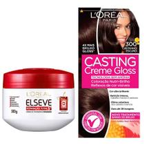 Kit Creme de Tratamento Elseve Reparação Total 5 300g e Tintura Creme Casting Creme Gloss L'oréal Castanho Escuro 300