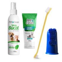 Kit Creme Dental Menta Spray Bucal Menta Pet Clean Dedeira Flexível Escova de dente Cães Gato