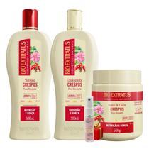 Kit Crespos 1 Shampoo 1 Condicionador 1 Banho 500ml Bio Extratus + Presente Lourre 15ml