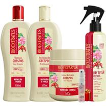 Kit Crespos 1 Shampoo 1 Condicionador 1 Banho 500ml + Spray 300ml Bio Extratus + Presente Lourre 15ml