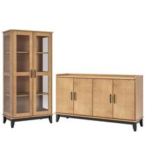 Kit Cristaleira e Buffet Aparador 100% Madeira Maciça Noble Carvalho/Preto