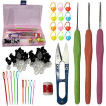 Kit Crochê Amigurumi Completo Agulhas Soft Marcador de Ponto Tesoura Box Organizador
