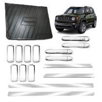 Kit Cromado Completo para Jeep Renegade 2015 a 2018 Friso Lateral Largo Apliques de Maçaneta Keyless Grade Frontal Protetor de PortaMalas 4P Kit Cromado Completo para Jeep Renegade 2015 a 2018 Friso Lateral Largo Apliques de Maçaneta Keyless Grade Frontal Protetor de PortaMalas 4P
