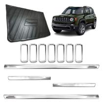 Kit Cromado Slim para Jeep Renegade 2019 a 2021 Friso Lateral Fino Aplique Grade Dianteira Protetor de PortaMalas 4 Portas