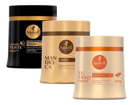 Kit Cronograma Capilar Haskell Cabelos Danificados Máscara Mandioca Hidratação, Cavalo Forte Reconstrução, Tutano 500g