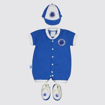 Kit Cruzeiro Macacão Boné e Sapatinho Infantil Azul e Branco