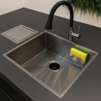 Kit Cuba 50x40cm Retangular Com Lixeira de Embutir Inox Torneira e Suporte de Esponja