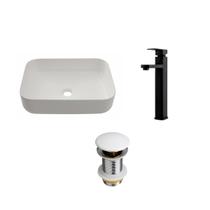 Kit Cuba Apoio Fluorita c/ Válvula e Torneira Alta Monocomando Madeira Pingoo.Casa - Branco e Preto Kit Cuba Apoio Fluorita c/ Válvula e Torneira Alta Monocomando Madeira Pingoo.Casa - Branco e Preto