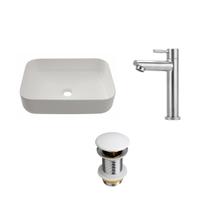 Kit Cuba Apoio Slim Fluorita c/ Válvula e Torneira Baixa Inox Amazonas Pingoo.Casa - Branco e Prata