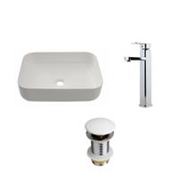 Kit Cuba Apoio Slim Fluorita c/ Válvula e Torneira Monocomando Alta Pingoo.Casa - Branco e Prata Kit Cuba Apoio Slim Fluorita c/ Válvula e Torneira Monocomando Alta Pingoo.Casa - Branco e Prata