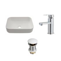 Kit Cuba Apoio Slim Fluorita c/ Válvula e Torneira Monocomando Pingoo.Casa - Branco e Prata Kit Cuba Apoio Slim Fluorita c/ Válvula e Torneira Monocomando Pingoo.Casa - Branco e Prata