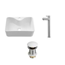 Kit Cuba Apoio Slim Retangular c/ Válvula e Torneira Alta Amazonas Pingoo.Casa - Branco e Prata Kit Cuba Apoio Slim Retangular c/ Válvula e Torneira Alta Amazonas Pingoo.Casa - Branco e Prata