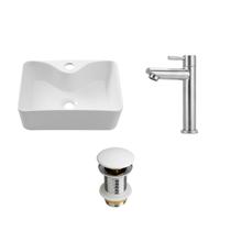Kit Cuba Apoio Slim Retangular c/ Válvula e Torneira Baixa Amazonas Pingoo.Casa - Branco e Prata