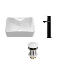 Kit Cuba Apoio Slim Retangular Cornalina c/ Válvula e Torneira Alta Pingoo.Casa - Branco e Preto Kit Cuba Apoio Slim Retangular Cornalina c/ Válvula e Torneira Alta Pingoo.Casa - Branco e Preto