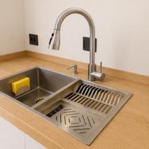 Kit Cuba Calha 80x40cm Inox 304 1mm Cozix Com Torneira Monocomando, Lixeira 4L e Porta Detergente de embutir, Porta Esponja Com Ventosa