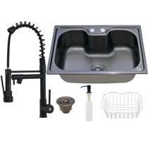 Kit Cuba Cozinha Gourmet Aço Inox C/ Torneira Extensor Preta
