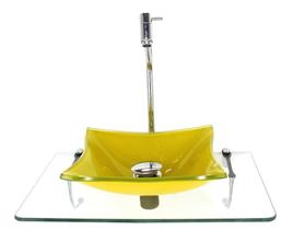 Kit Cuba De Vidro 10Mm Amarela Tampo 50Cm Incolor Suporte