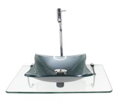 Kit cuba de vidro 10mm prata tampo 50cm incolor com suporte torneira valvula Kit cuba de vidro 10mm prata tampo 50cm incolor com suporte torneira valvula