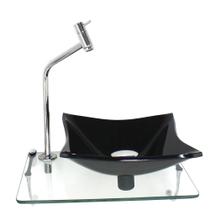 Kit cuba de vidro 10mm preta tampo 40cm incolor com suporte torneira valvula