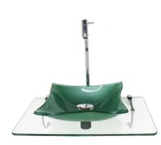 Kit cuba de vidro 10mm verde tampo 50cm incolor com suporte torneira valvula