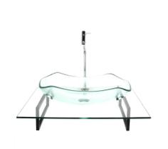 Kit cuba de vidro abaulada incolor com tampo 60cm incolor e suporte preto