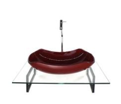 Kit cuba de vidro abaulada vermelho cereja com tampo 60cm incolor e suporte preto Kit cuba de vidro abaulada vermelho cereja com tampo 60cm incolor e suporte preto