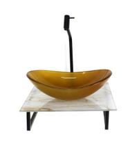 Kit cuba de vidro oval 10mm com tampo de vidro 40cm x 40cm mármore branco dourado e suporte preto Kit cuba de vidro oval 10mm com tampo de vidro 40cm x 40cm mármore branco dourado e suporte preto